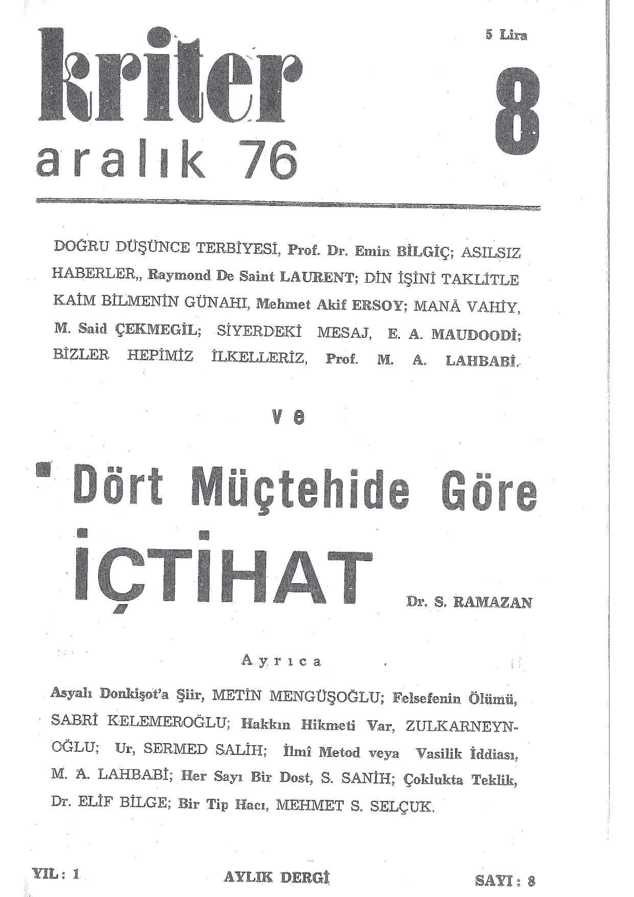 1. Cilt 8. Sayı Kapağı